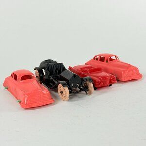 Vintage Plastic Toy Cars Or Train Platform Accessories 4 Red Black 1950s